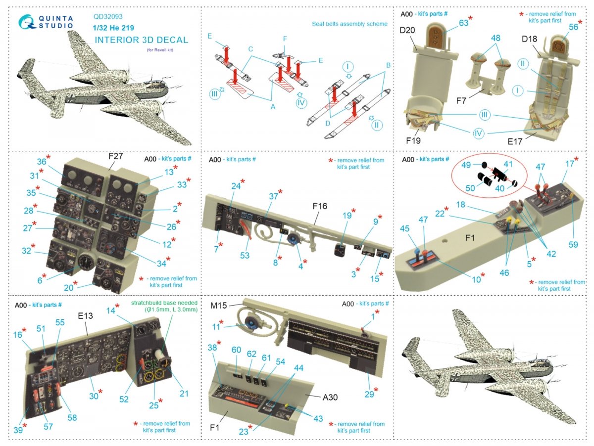 Quinta Studio QD32093 He 219 3D-Printed &amp;amp; coloured Interior on decal paper ( Revell ) 1/32 – imagen 2