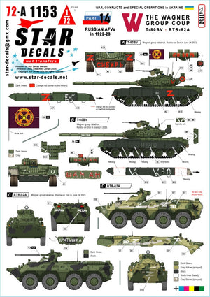 Star Decals 72-A1153 Guerre en Ukraine n° 14. Le coup d&amp;#39;État du groupe Wagner en 2023. T-80BV et BTR-82A 1/72