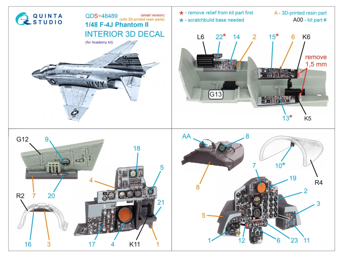 Quinta Studio QDS+48489 F-4J Phantom II 3D-Printed &amp;amp; coloured Interior on decal paper (Academy) (Small version) (with 3D-printed resin parts) 1/48 – Bild 3