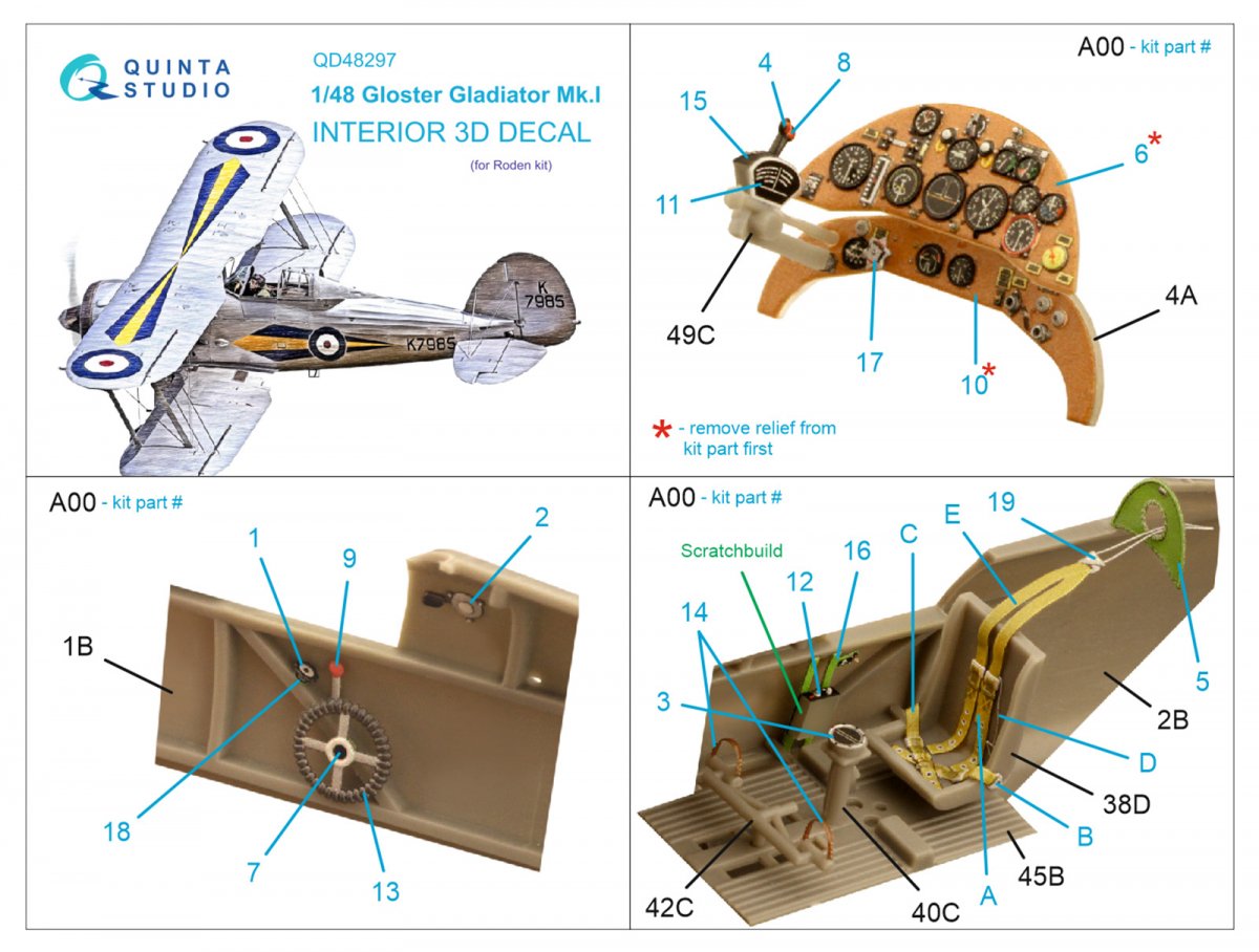 Quinta Studio QD48297 Gloster Gladiator MKI 3D-Printed &amp;amp; coloured Interior on decal paper (Roden) 1/48 – imagen 2