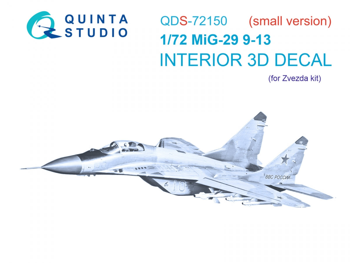 Quinta Studio QDS-72150 Mig-29 9-13 3D-Printed coloured Interior on decal paper (7278 Zvezda) 1/72
