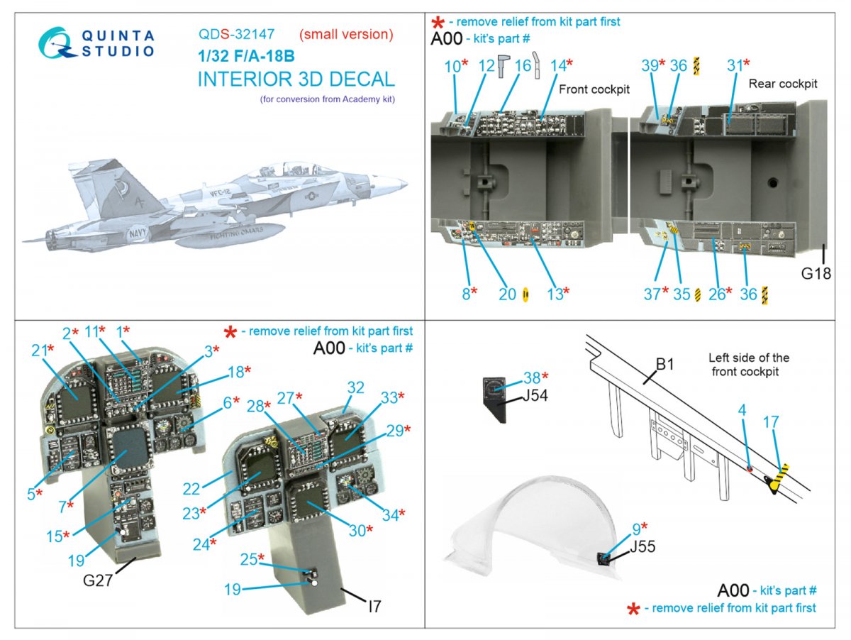 Quinta Studio QDS-32147 F/A-18B Early 3D-Printed &amp;amp; coloured Interior on decal paper (Academy) (Small version) 1/32 – imagen 12