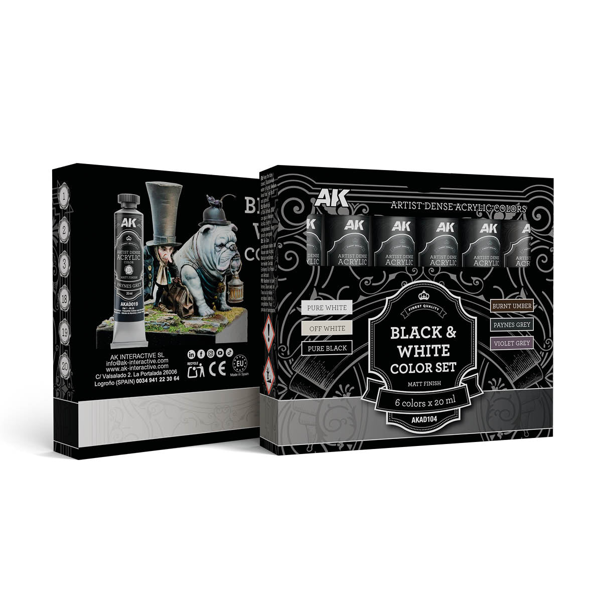 AK Interactive AKAD104 Artist Dense Acrylic Colors - Black & White Color Set