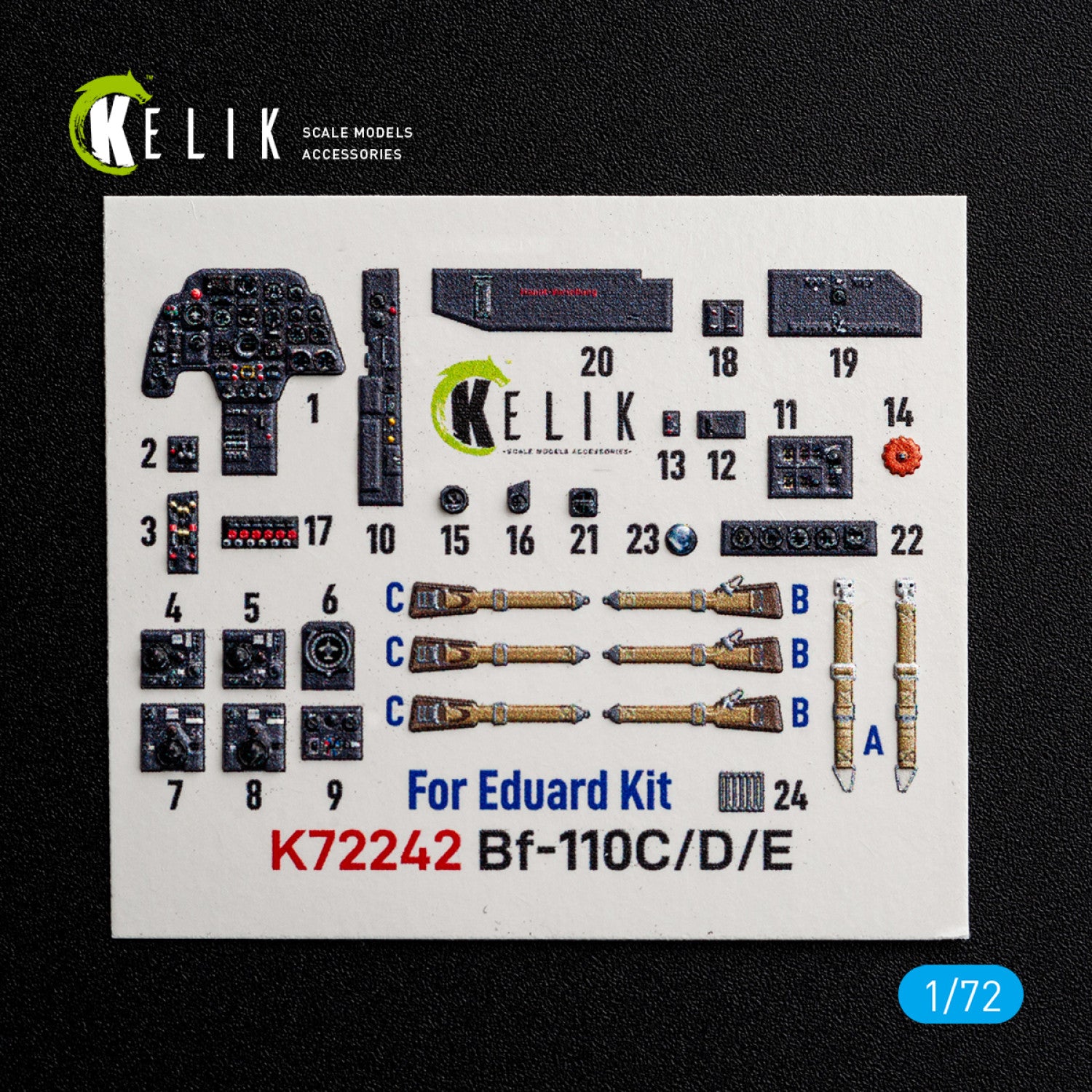 KELIK K72242 Messerschmitt Bf-110 C / D / E - Interior 3D Decals (for Eduard Kits) 1/72