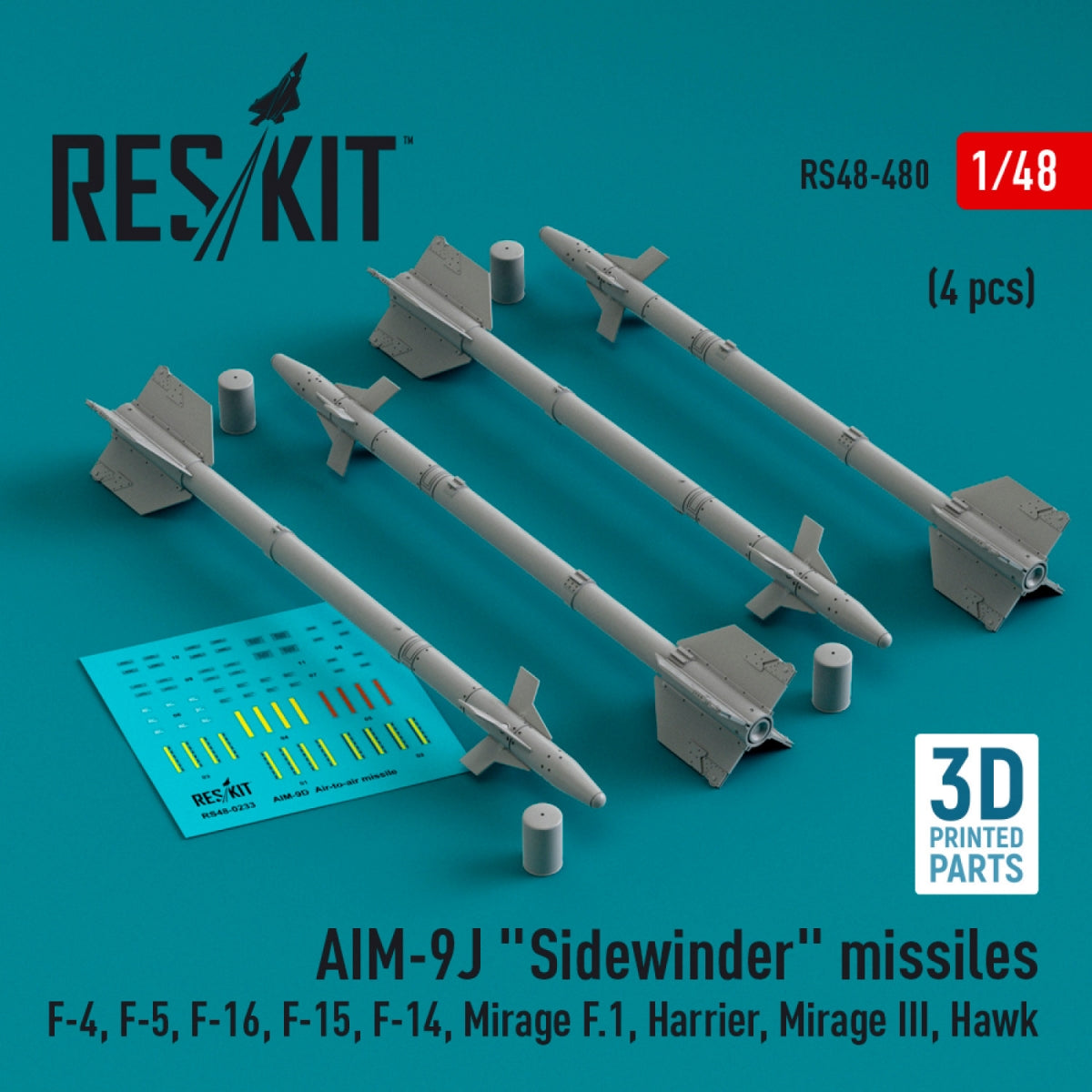Missiles AIM-9J « Sidewinder » RESKIT RS48-0480 (4 pièces) (Impression 3D) 1/48