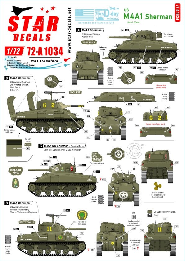 Star Decals 72-A1034 US M4A1 Sherman. 1/72