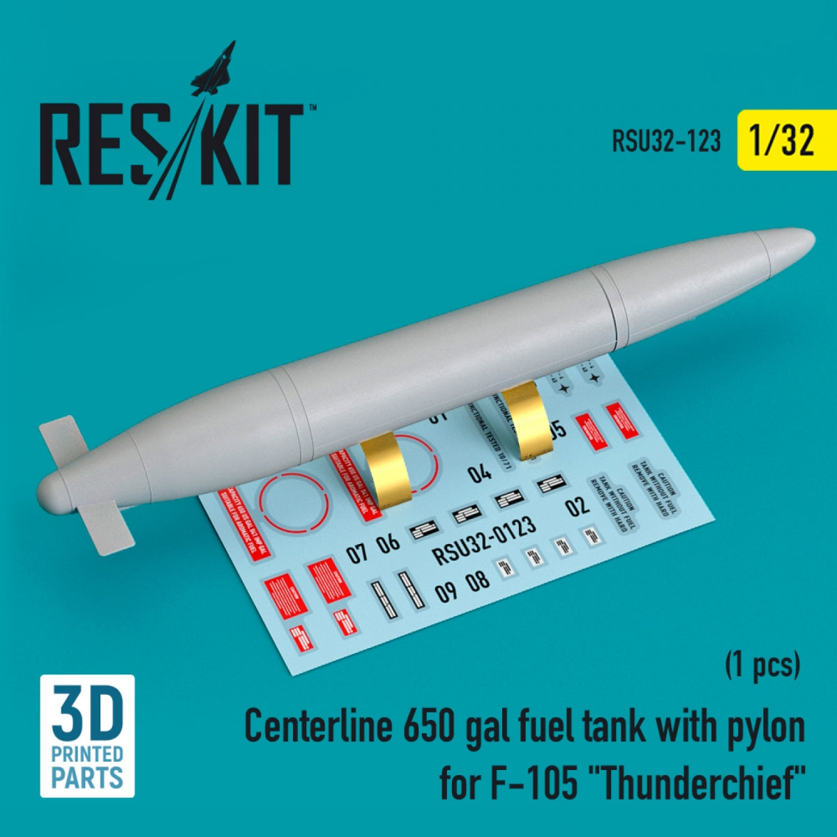 RESKIT RSU32-0123 CENTERLINE 650 GAL FUEL TANK WITH PYLONS FOR F-105 &amp;quot;THUNDERCHIEF&amp;quot; (1 PCS) (3D PRINTED) 1/32