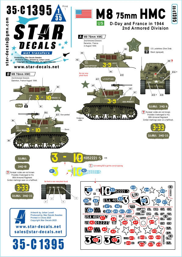 Star Decals 35-C1395 US M8 75mm HMC. Débarquement et France en 1944. Laxatif et Lynx 1/35