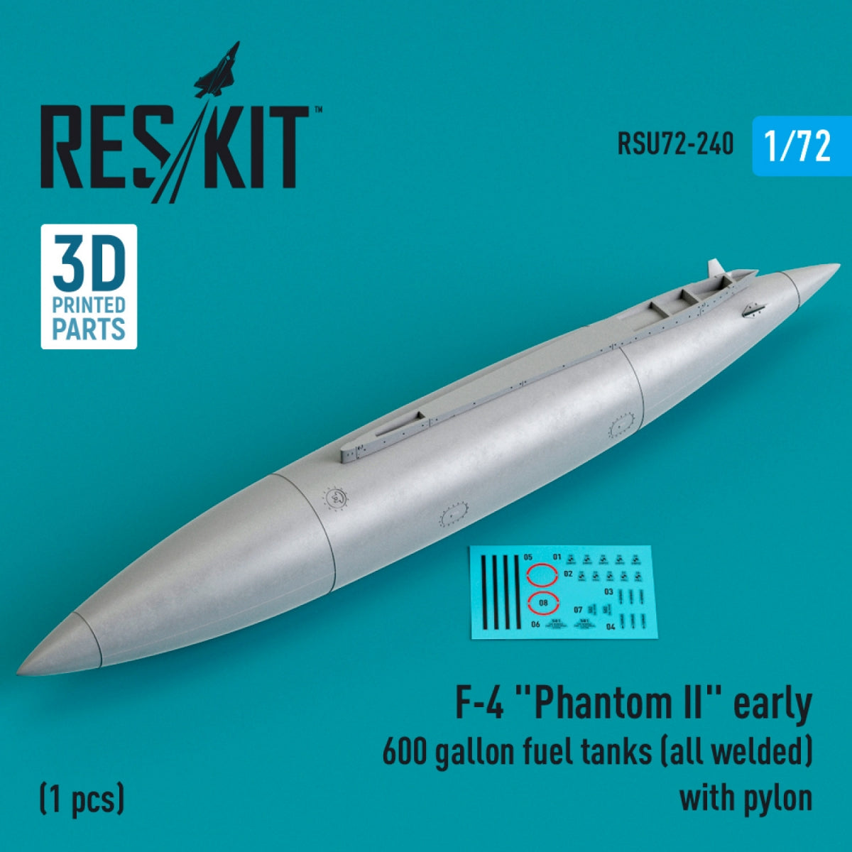RESKIT RSU72-0240 F-4 « PHANTOM II » Réservoir de carburant de 600 gallons (entièrement soudé) avec pylône (1 pièce) (imprimé en 3D) 1/72