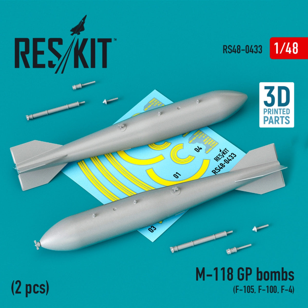 RESKIT RS48-0433 M-118 GP BOMBES (2 PIÈCES) (F-105, F-100, F-4) (IMPRIMÉES EN 3D) 1/48