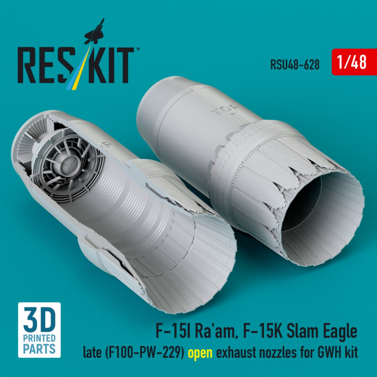 RESKIT RSU48-0628 F‑15I Ra'am, F‑15K Slam Eagle late (F100-PW-229) open exhaust nozzles for GWH kit (3D Printed) 1/48