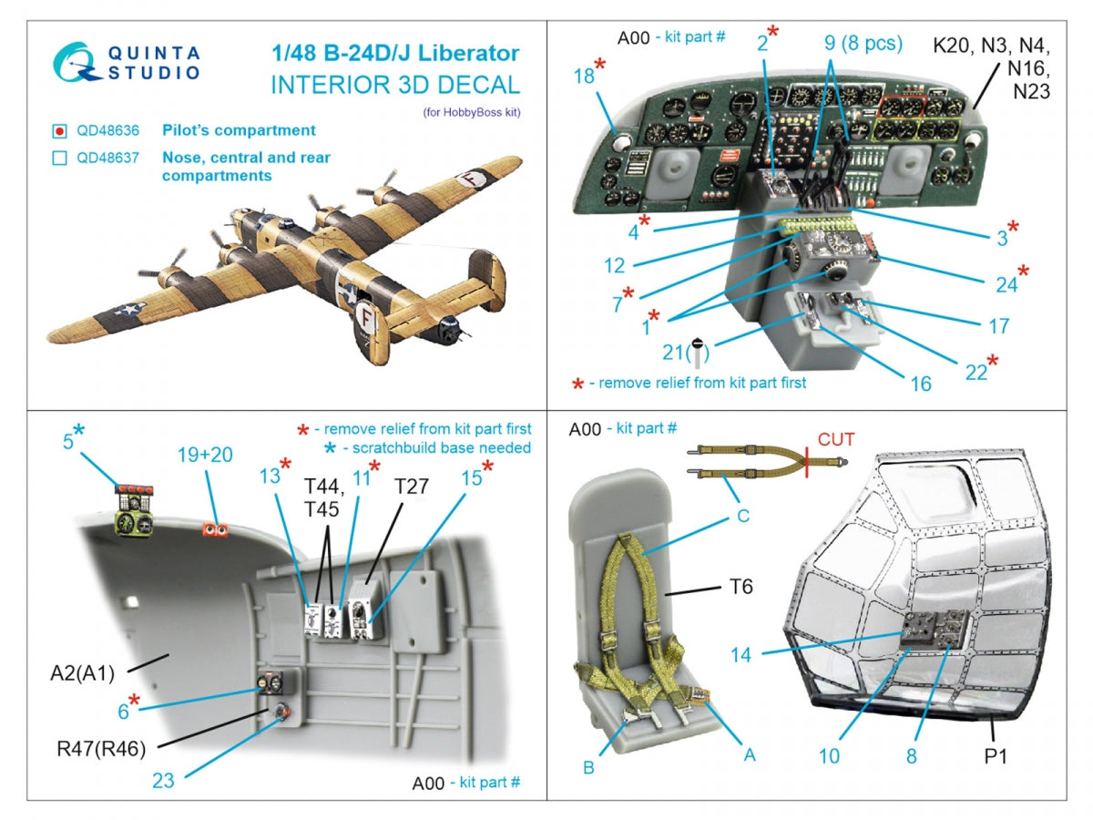 Quinta Studio QD48636 B-24D/B-24J Liberator. Pilot's compartment. 3D-Printed &amp; coloured Interior on decal paper ( HobbyBoss ) 1/48