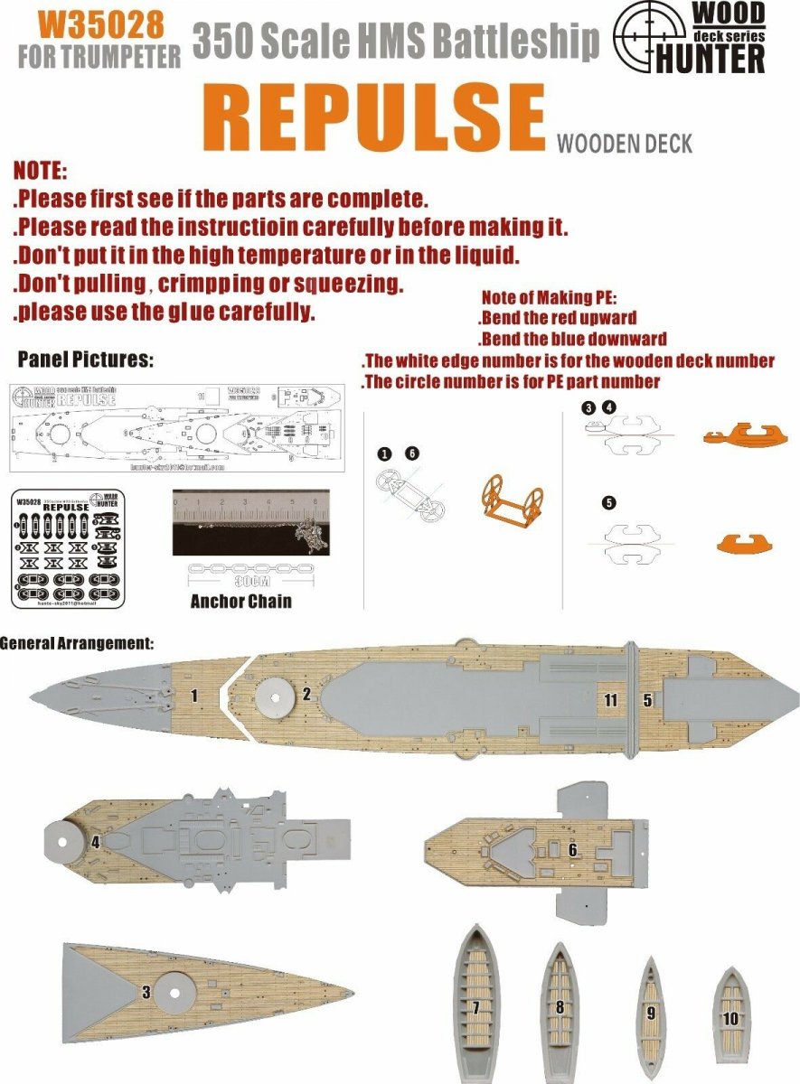 Pont en bois Wood Hunter W35028 HMS Repulse pour Trumpeter 1/350