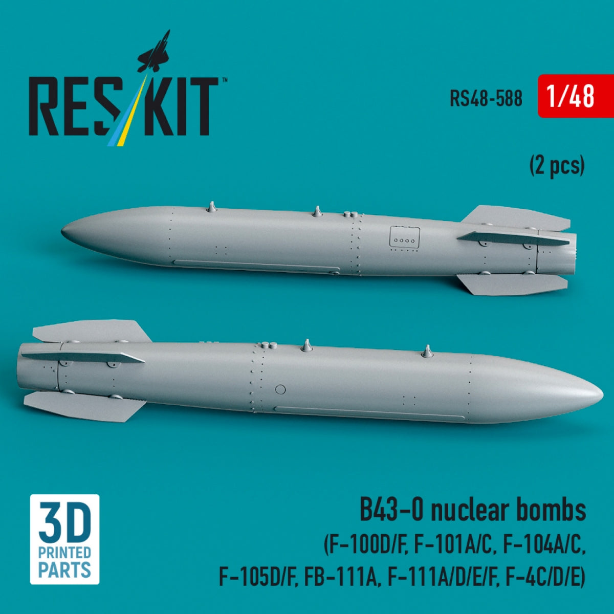 RESKIT RS48-0588 B43-0 nuclear bombs (2 pcs) (F-100D/F, F-101A/C, F-104A/C, F-105D/F, FB-111A, F-111A/D/E/F, F-4C/D/E) (3D Printed) 1/48