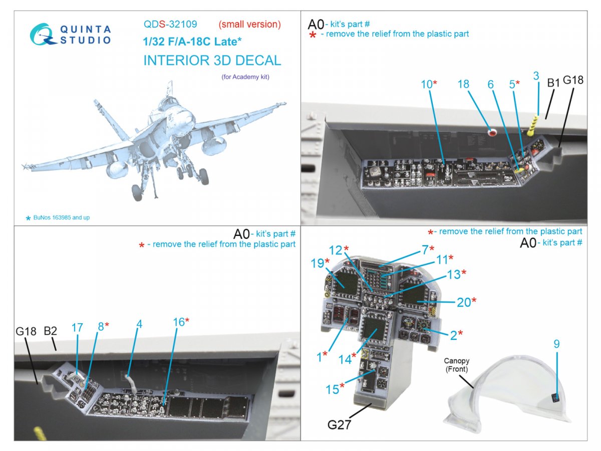 Quinta Studio QDS-32109 F/A-18C Late 3D-Printed &amp;amp; coloured Interior on decal paper (Academy) (Small version) 1/32 – immagine 6