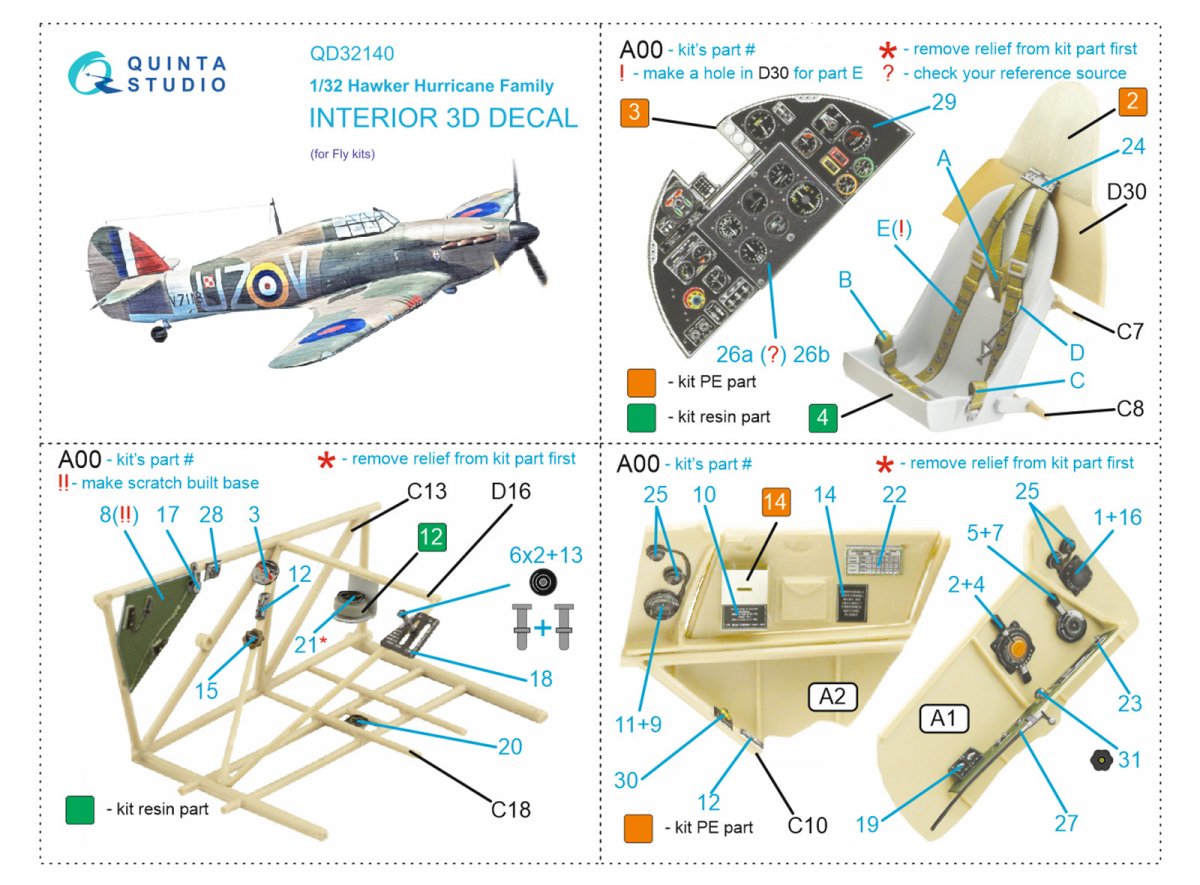 Intérieur imprimé en 3D et coloré sur papier décalcomanie Quinta Studio QD32140 Hawker Hurricane Family (Fly) 1/32 – image 12