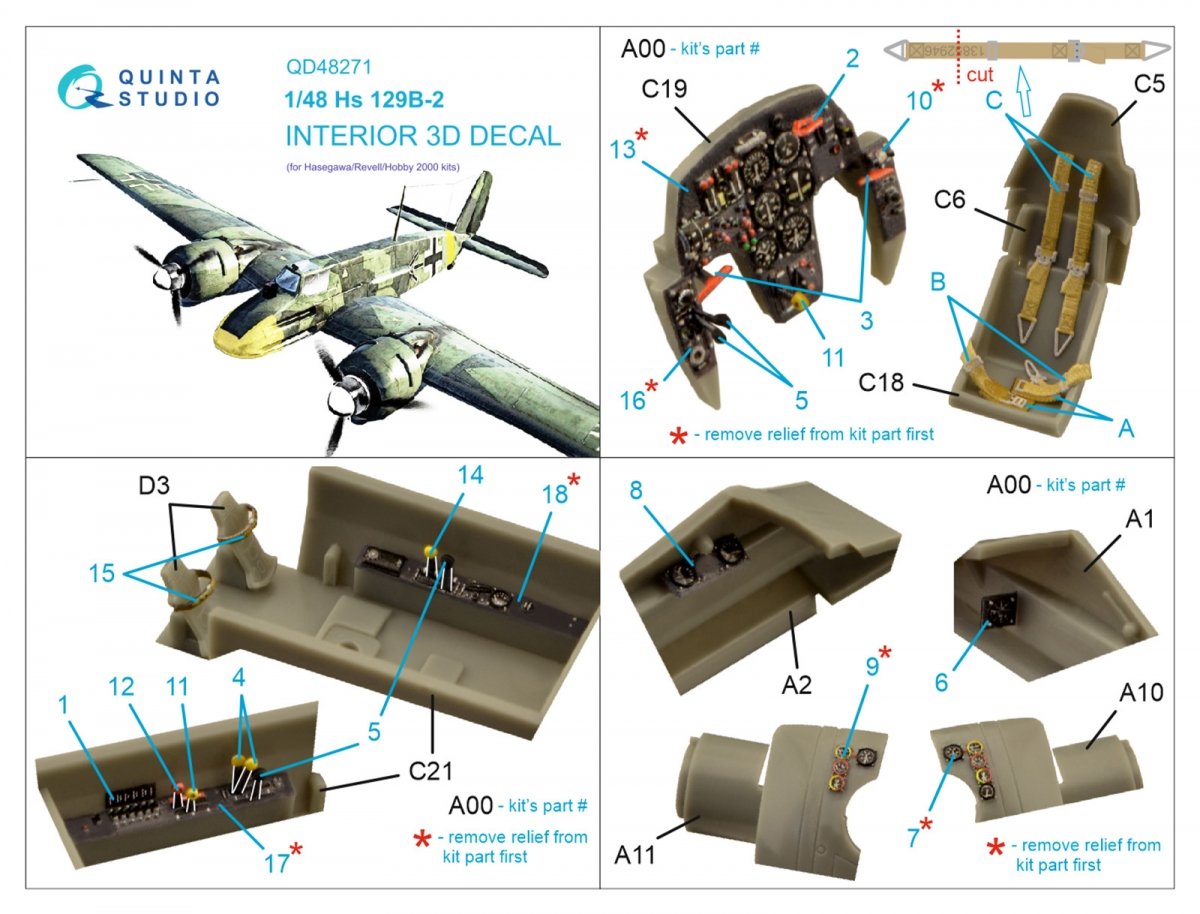 Quinta Studio QD48271 Hs 129B-2 3D-Printed &amp;amp; coloured Interior on decal paper (Hasegawa) 1/48 – immagine 2