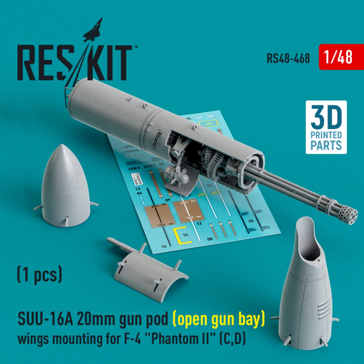 RESKIT RS48-0468 SUU-16A Nacelle de canon de 20 mm (baie de canon ouverte) montage sur les ailes pour F-4 Phantom II (C,D) (1 pièce) (Impression 3D) 1/48