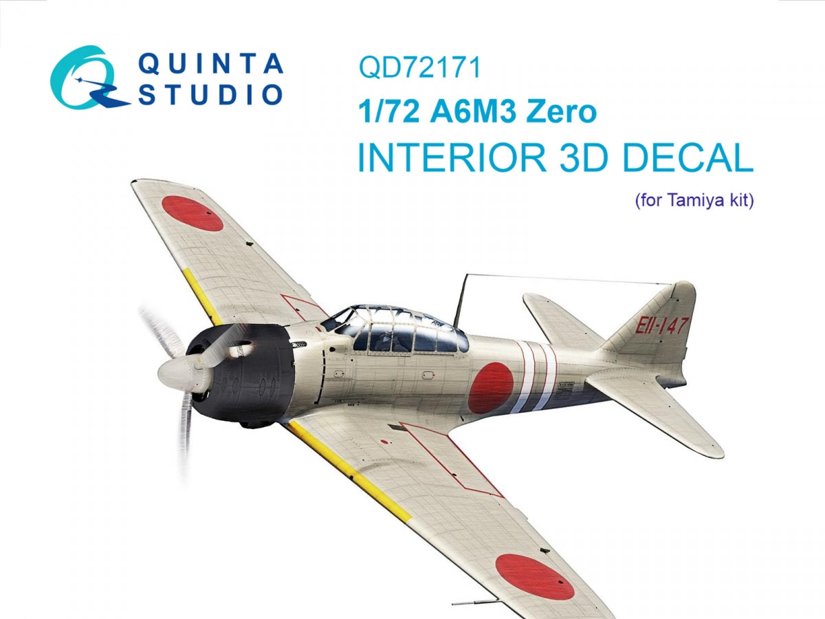 Quinta Studio QD72171 A6M3 Zero 3D-Printed &amp;amp; coloured Interior on decal paper (Tamiya) 1/72