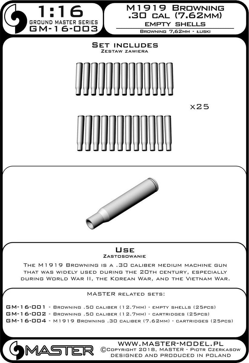 Master GM-16-003 M1919 Browning .30 caliber (7,62mm) - łuski (25sztuk) 1/16 – immagine 4