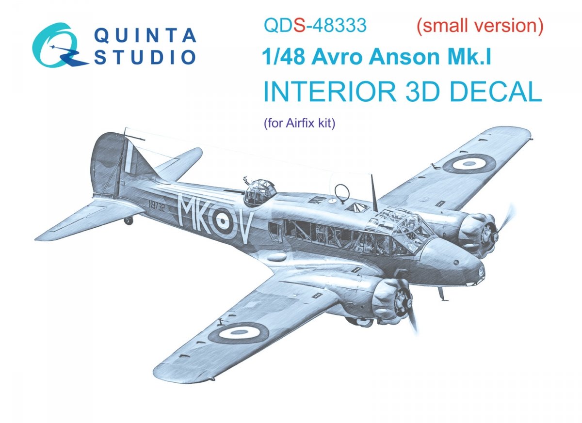 Quinta Studio QDS-48333 Avro Anson Mk.I 3D-Printed &amp;amp; coloured Interior on decal paper (Airfix) (Small version) 1/48