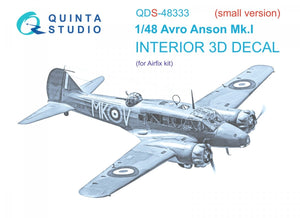 Quinta Studio QDS-48333 Avro Anson Mk.I 3D-Printed &amp;amp; coloured Interior on decal paper (Airfix) (Small version) 1/48
