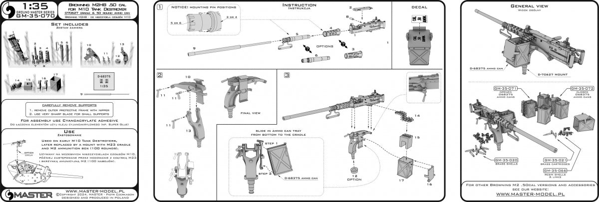 Master GM-35-070 Browning M2HB .50 cal (12,7mm) - z mocowaniem do niszczyciela czołgów M10 (kołyska D70627 z małą skrzynką amunicyjną D68375) 1/35 – immagine 12
