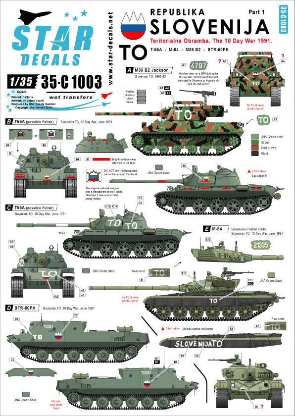Star Decals 35-C1003 TO (Frontière territoriale). M36B2 Jackson. T-55A (polonais), T-55A (russe), M-84, BTR-50PK 1/35