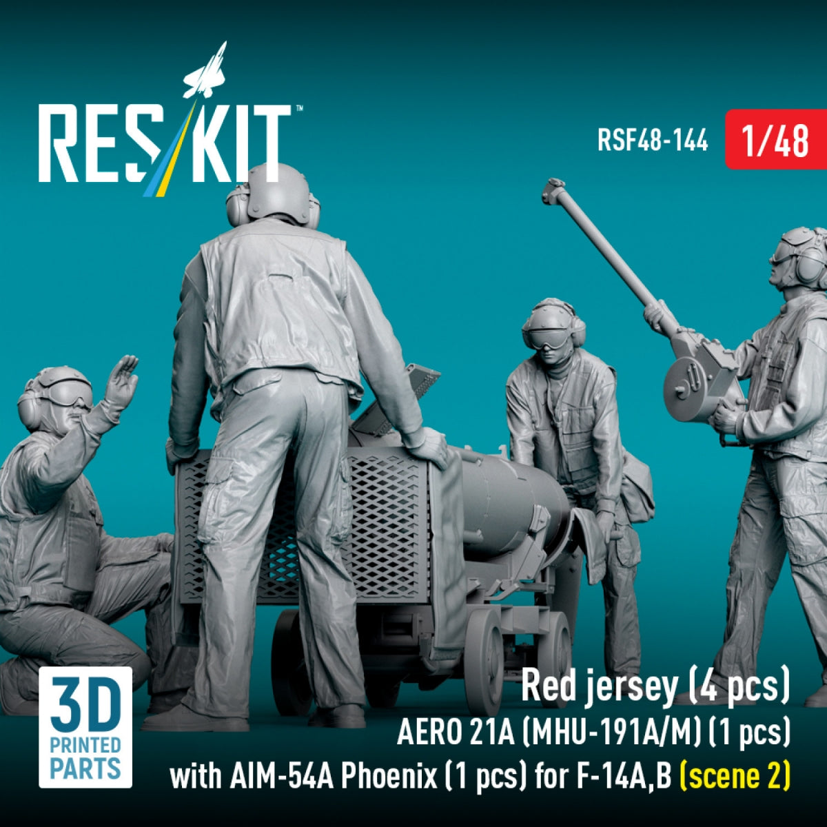 RESKIT RSF48-0144 Red jersey (4 pcs) AERO 21A (MHU-191A/M) (1 pcs) with AIM-54A Phoenix (1 pcs) for F-14A,B (scene 2) (3D Printed) 1/48