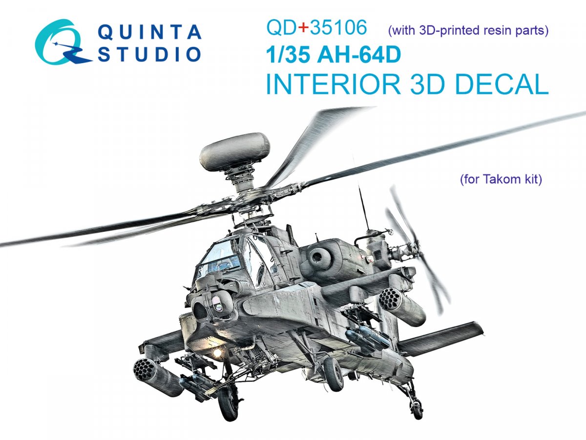 Quinta Studio QD+35106 AH-64D 3D-Printed &amp; colored Interior on decal paper (Takom) (with 3D-printed resin parts) 1/35