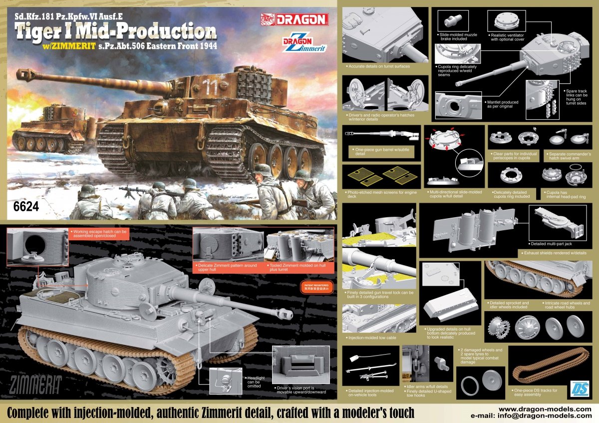 Dragon 6624 Sd.Kfz.181 Pz.Kpfw.VI Ausf.E Tiger I Mid Production avec Zimmerit s.Pz.Abt.506 Front de l&amp;#39;Est 1944 1/35