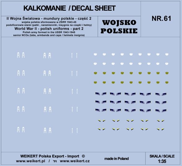 Décalcomanies Weikert DEC261 Uniformes polonais - pattes de calotte, épaulettes, insignes pour casquettes et casques - partie 2 - vol. 61 1/35