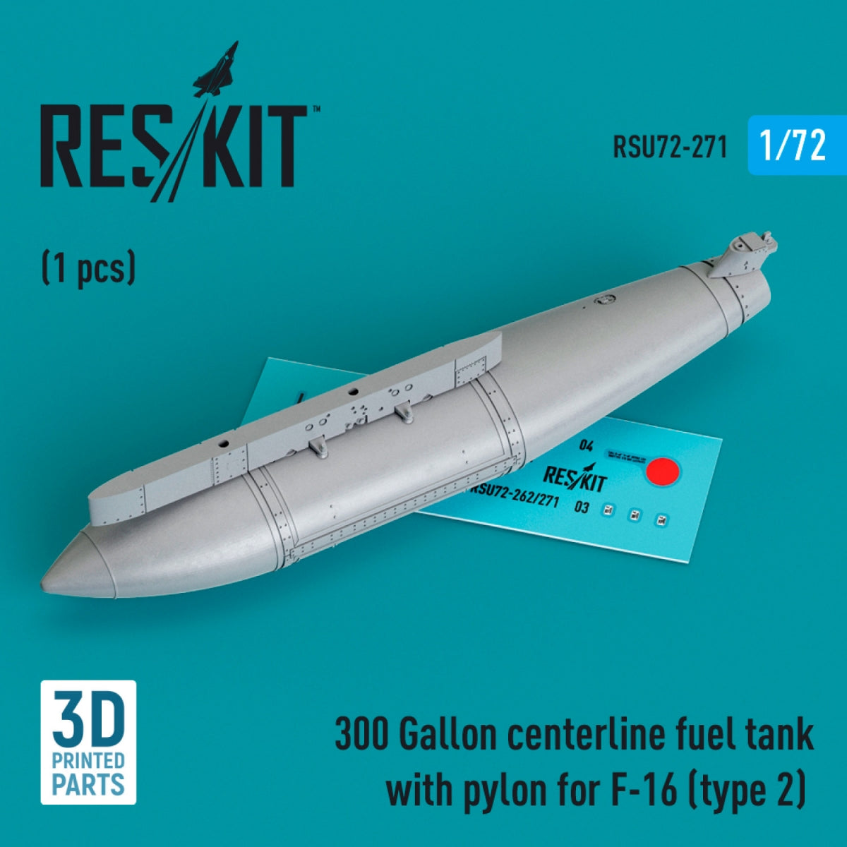 Réservoir de carburant central RESKIT RSU72-0271 de 300 gallons avec pylône pour F-16 (type 2) (1 pièce) (Impression 3D) 1/72