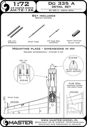 Master AM-72-136 Do 335 A – zestaw detali – MG 151, antena FuG 25a, rurka Pitota 1/72 – immagine 3