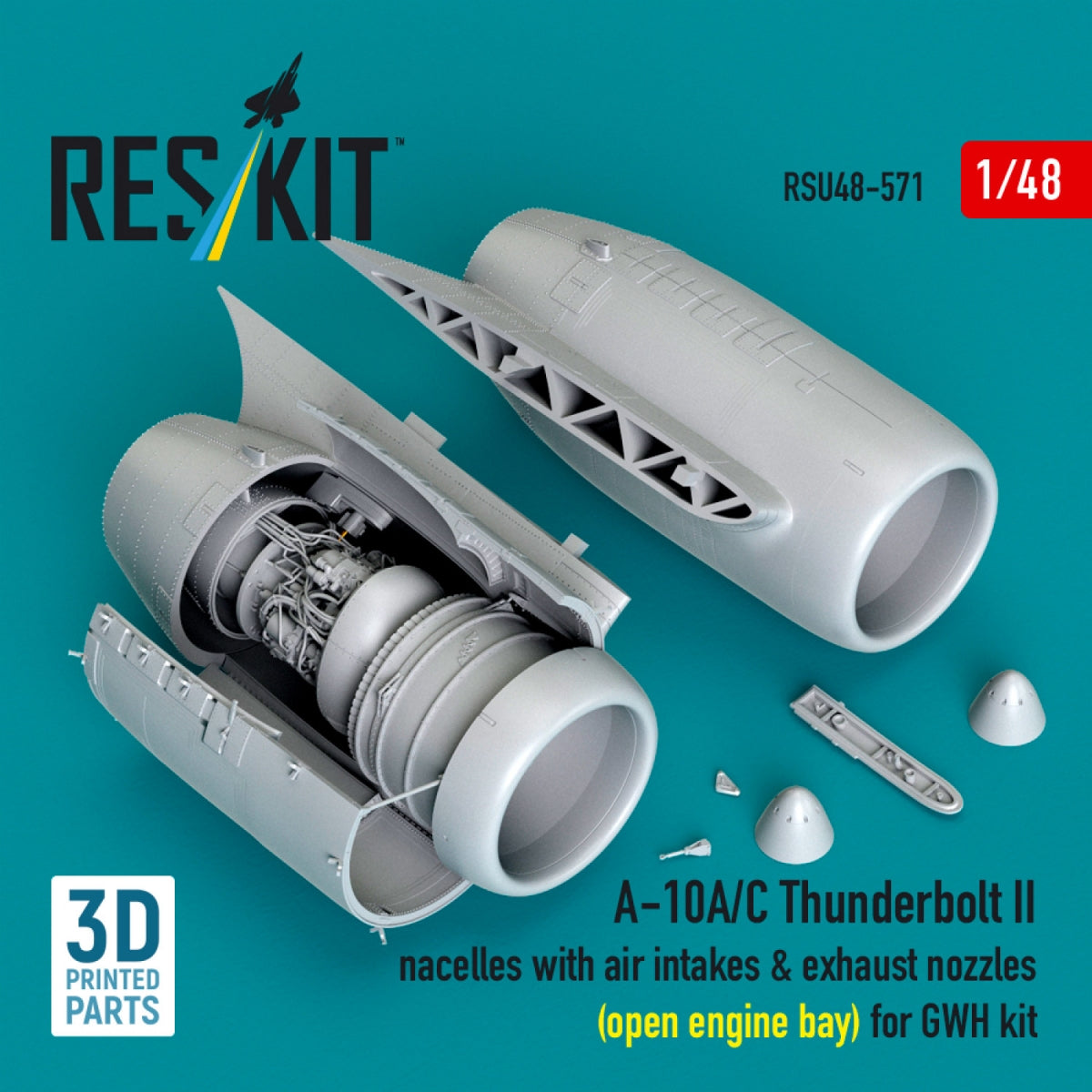 RESKIT RSU48-0571 A-10A/C Thunderbolt II nacelles with air intakes &amp; exhaust nozzles (open engine bay) for GWH kit (3D Printed) 1/48