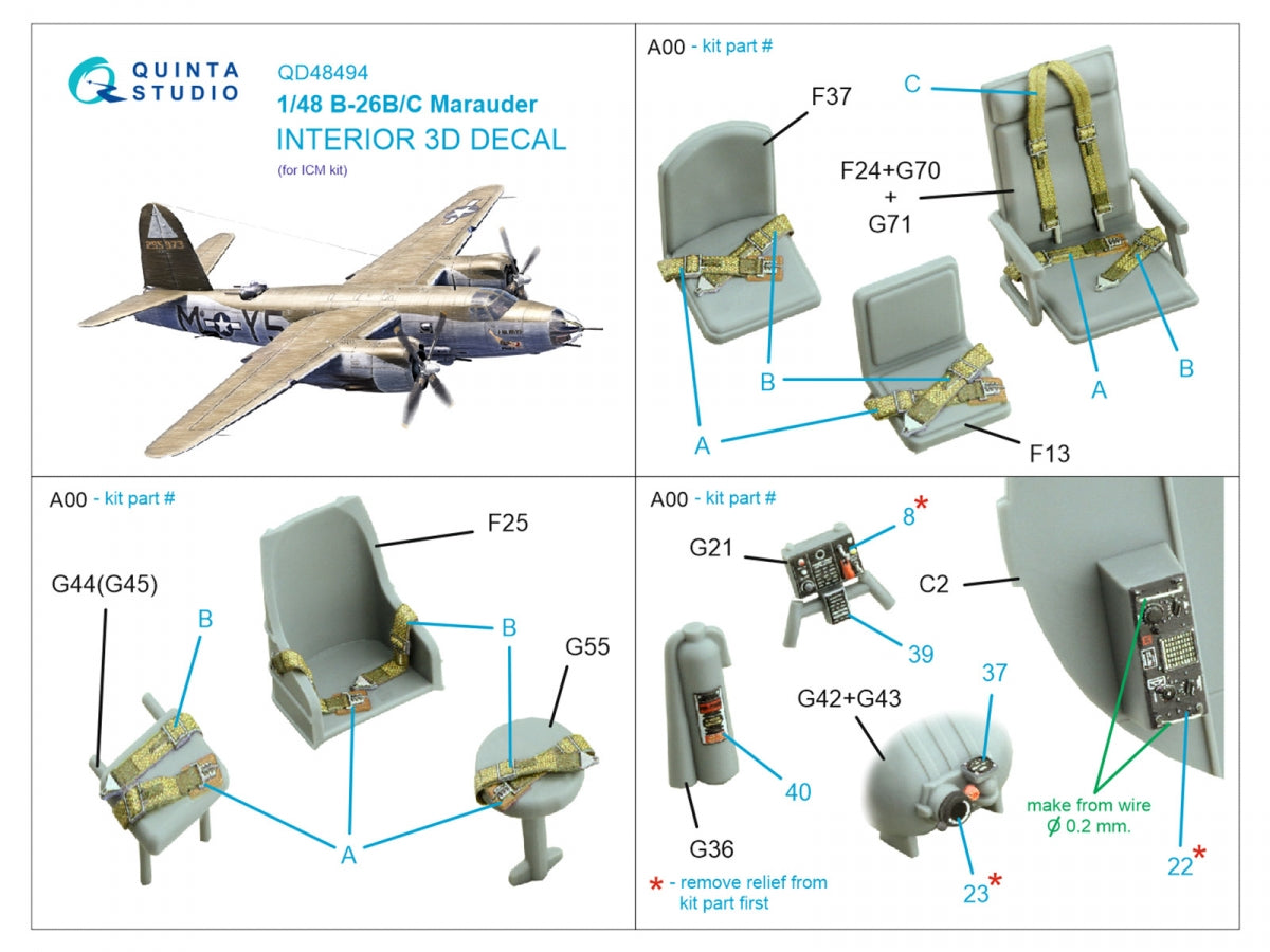 Quinta Studio QD48494 B-26B/C Marauder 3D-Printed coloured Interior on decal paper (ICM) 1/48 – Bild 2