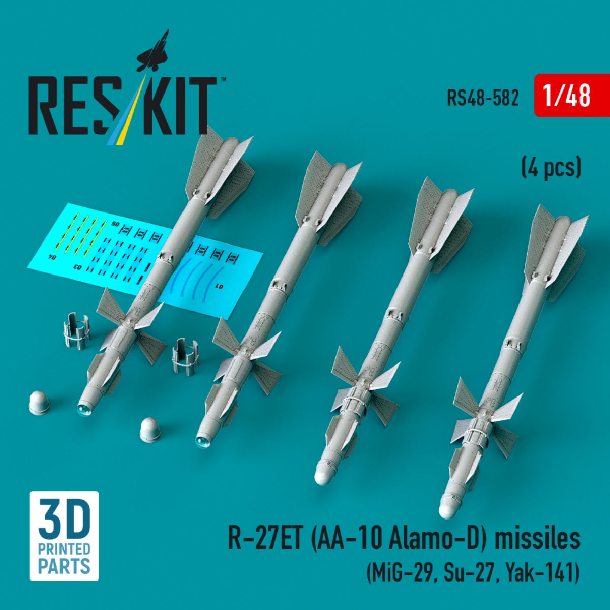 RESKIT RS48-0582 R-27ET (AA-10 Alamo-D) missiles (4 pcs) (MiG-29, Su-27, Yak-141) (3D Printed) 1/48