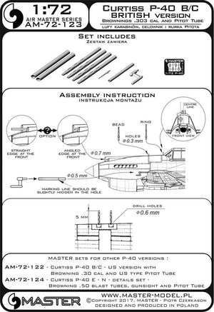 Master AM-72-123 Curtiss P-40 B/C Tomahawk II - wersja UK - lufy karabinów Browning .30 cal i brytyjska wersja Rurki Pitota 1/72 – immagine 4