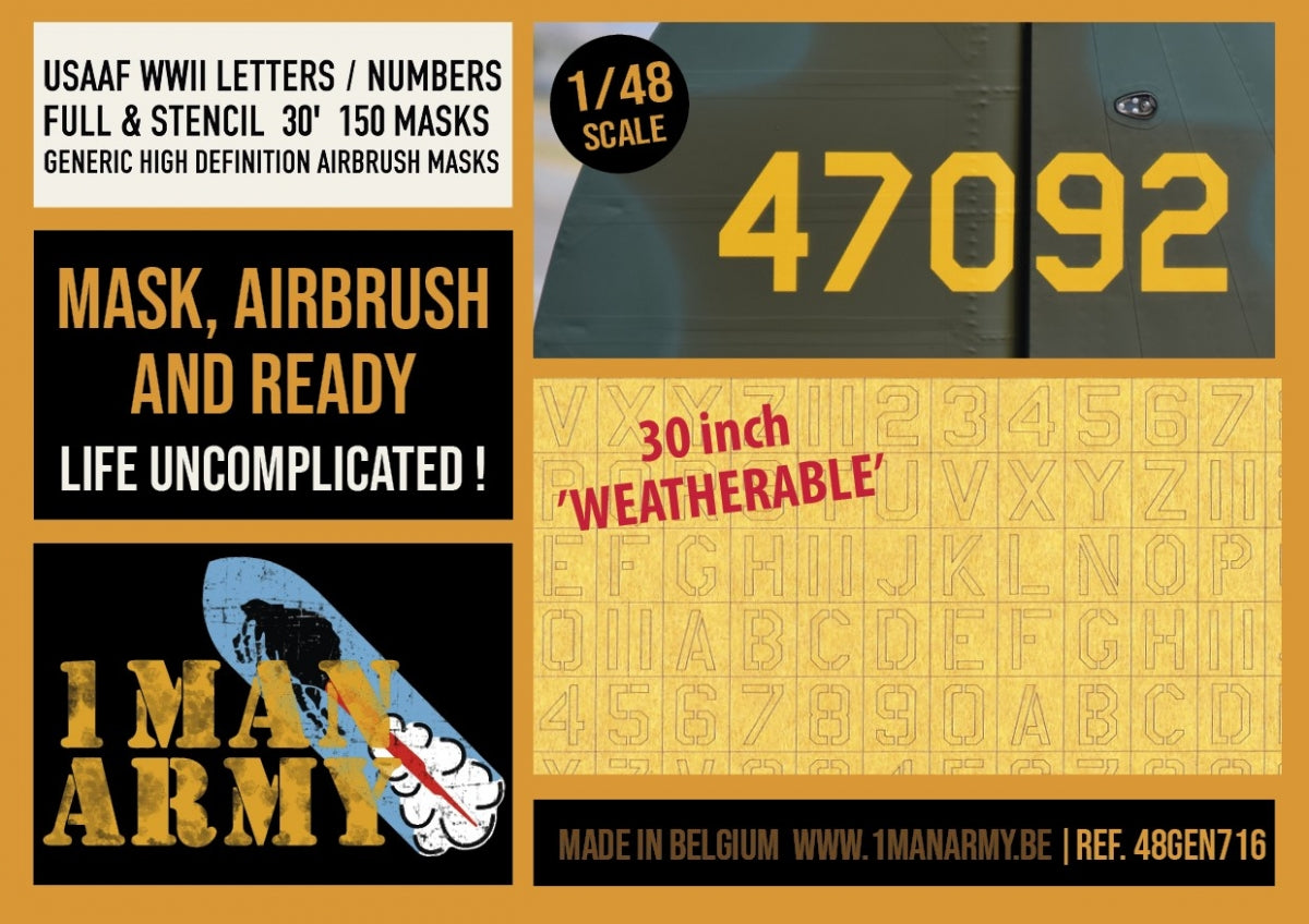 1 Man Army 48GEN716 USAAF WWII Letters / Numbers Full &amp; Stencil 30" (150 pcs) 1/48