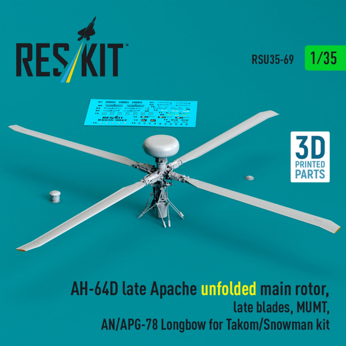 RESKIT RSU35-0069 AH-64D late Apache unfolded main rotor, late blades, MUMT, AN/APG-78 Longbow for Takom/Snowman kit (3D Printed) 1/35