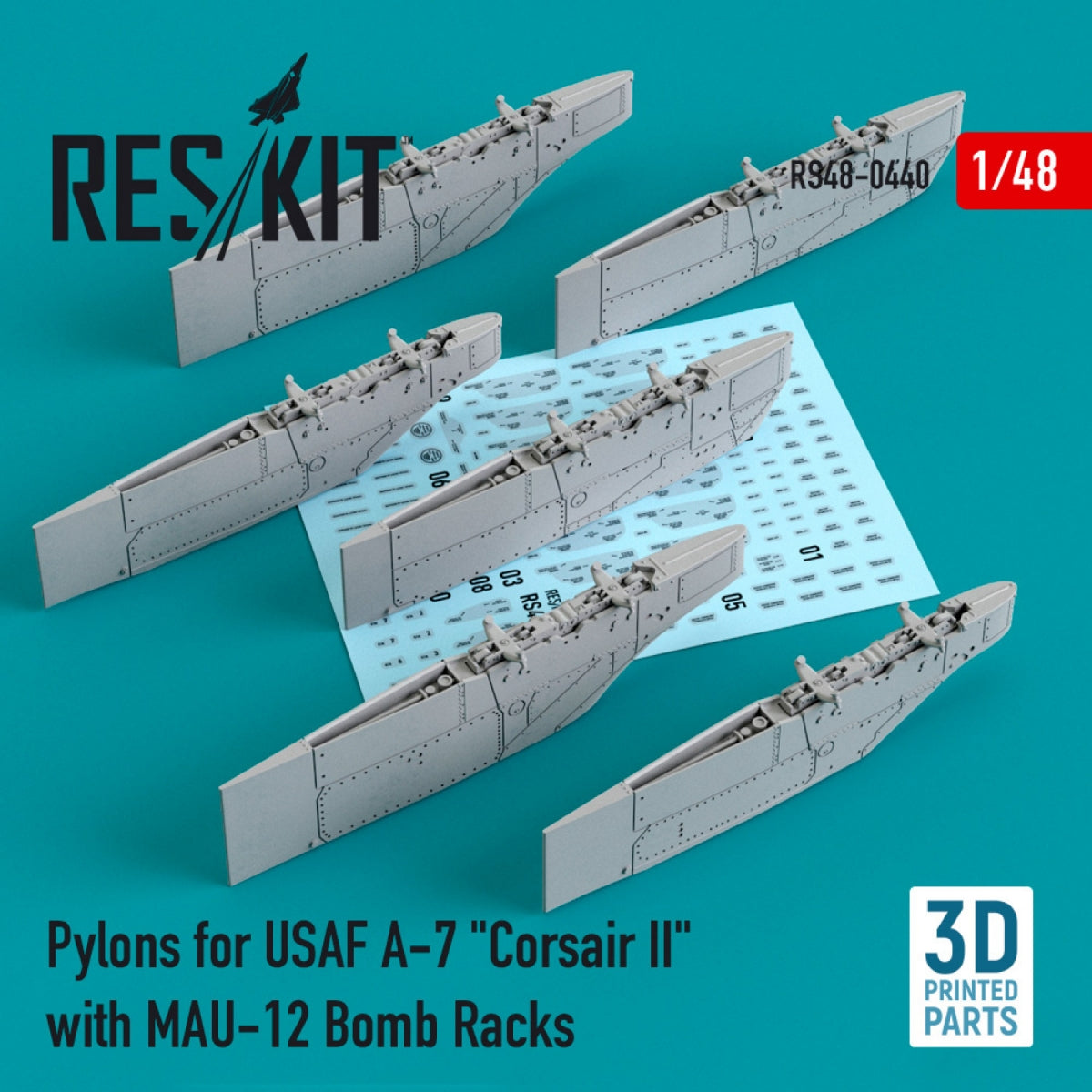 Pylônes RESKIT RS48-0440 pour A-7 « CORSAIR II » de l'USAF avec supports de bombes MAU-12 (impression 3D) 1/48