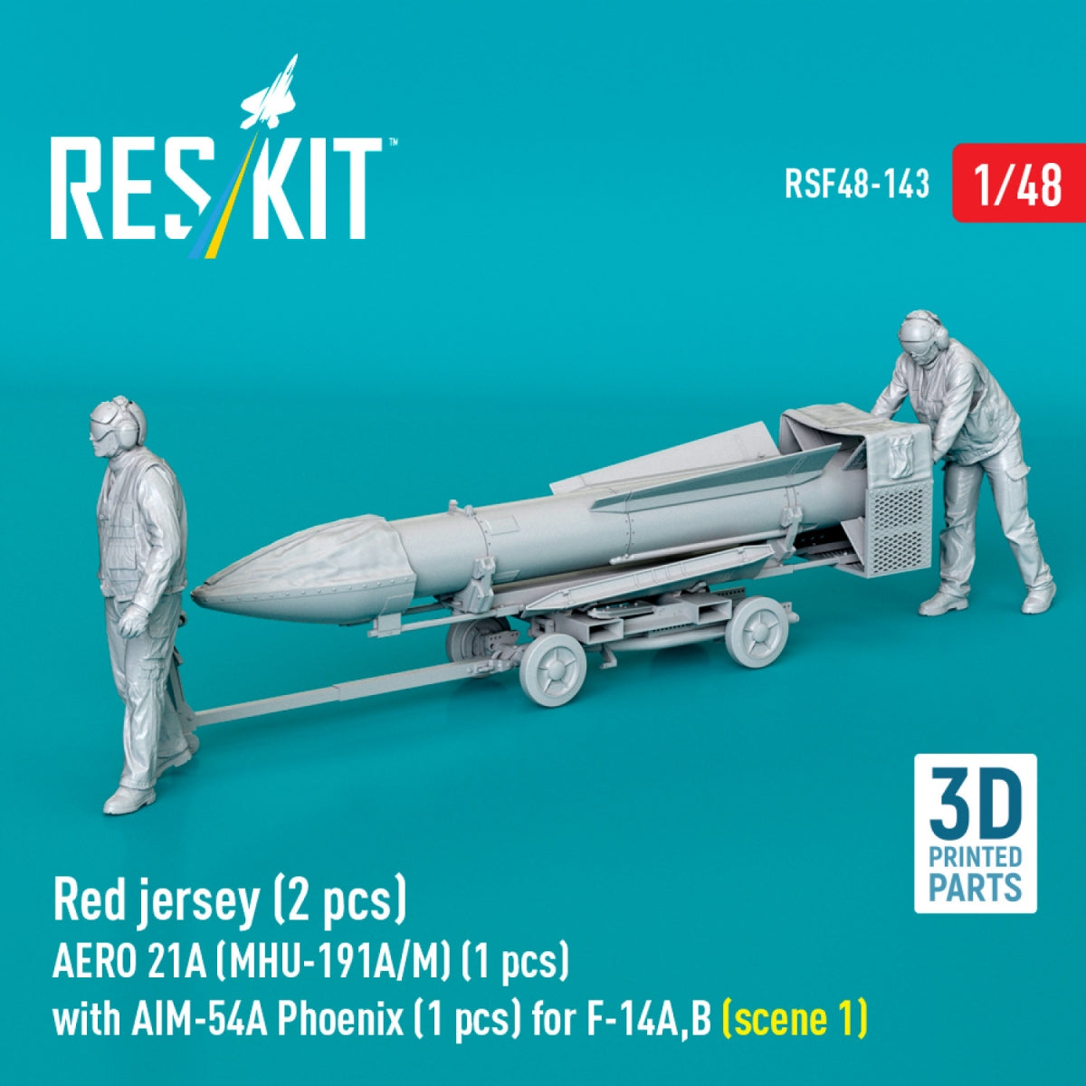 RESKIT RSF48-0143 Red jersey (2 pcs) AERO 21A (MHU-191A/M) (1 pcs) with AIM-54A Phoenix (1 pcs) for F-14A,B (scene 1) (3D Printed) 1/48