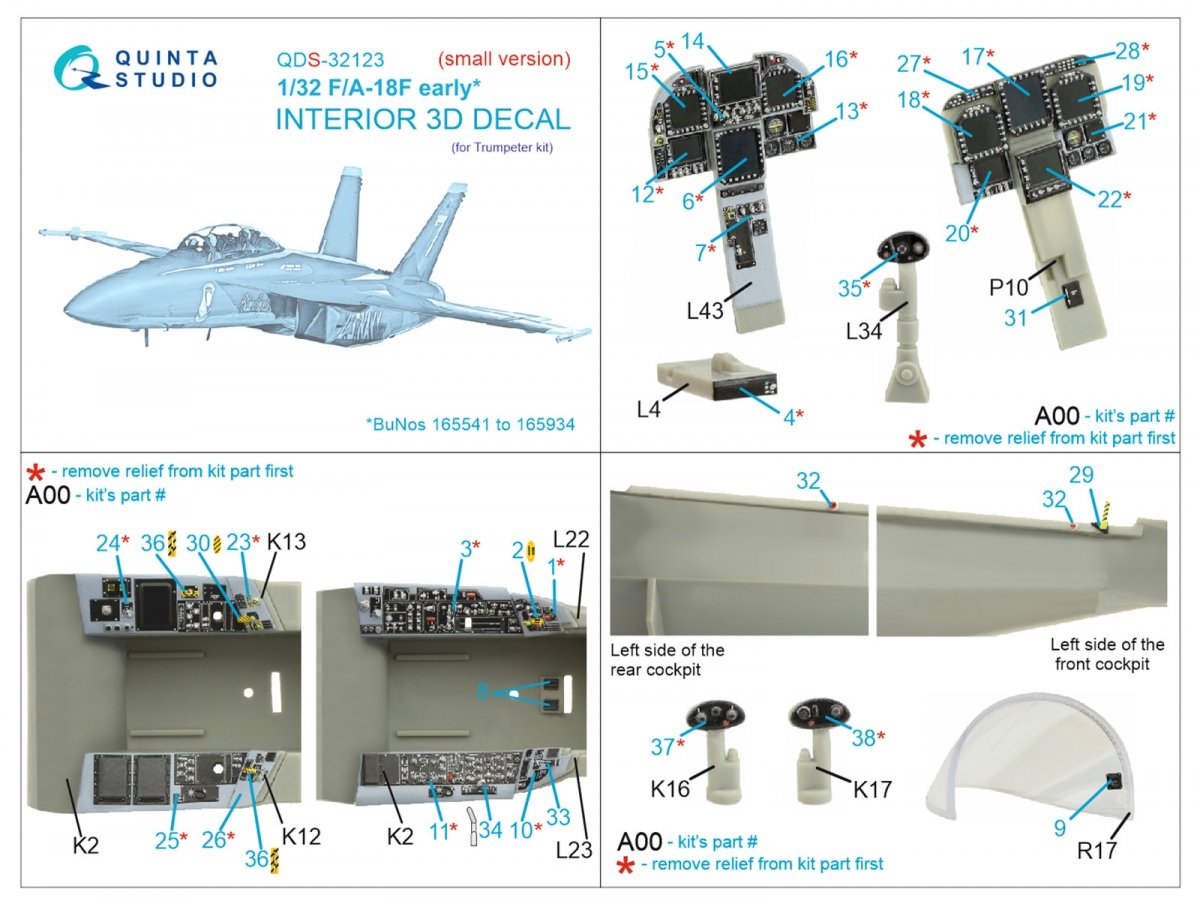 Intérieur imprimé en 3D et coloré sur papier décalcomanie pour F/A-18F (Trumpeter) de Quinta Studio QDS-32123 (petite version) à l&amp;#39;échelle 1/32 – image 7