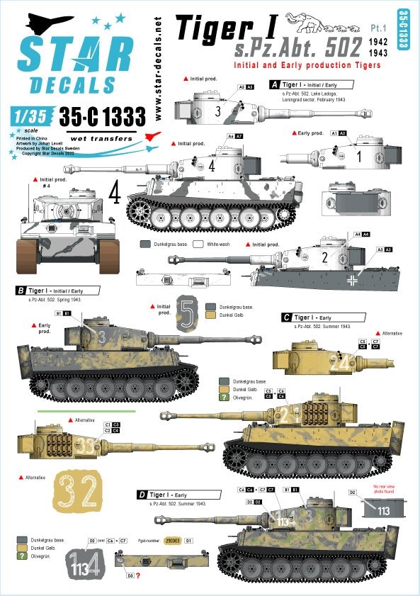 Star Decals 35-C1333 Tiger I. sPzAbt 502 n° 1. Tigres de première génération (1942-43). Échelle 1/35