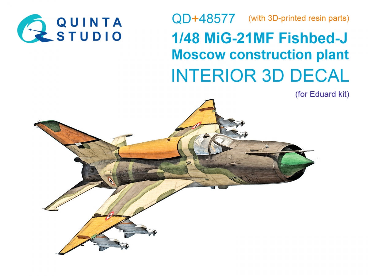 Quinta Studio QD+48577 MiG-21MF Fishbed-J (Moscow plant) 3D-Printed &amp;amp; coloured Interior on decal paper (Eduard) (with 3D-printed resin parts) 1/48
