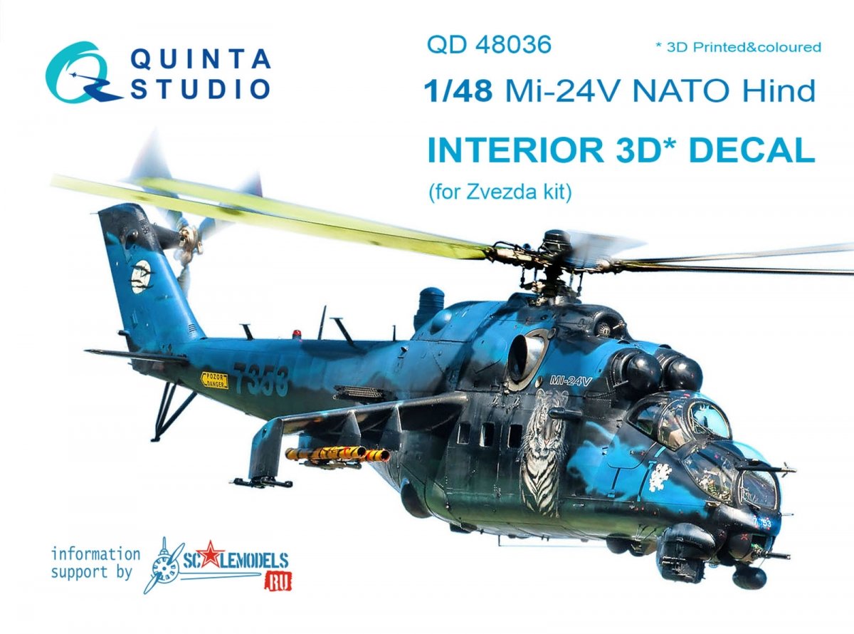 Quinta Studio QD48036 Mi-24V NATO (black panels) 3D-Printed &amp; colored Interior on decal paper (for Zvezda kit) 1/48