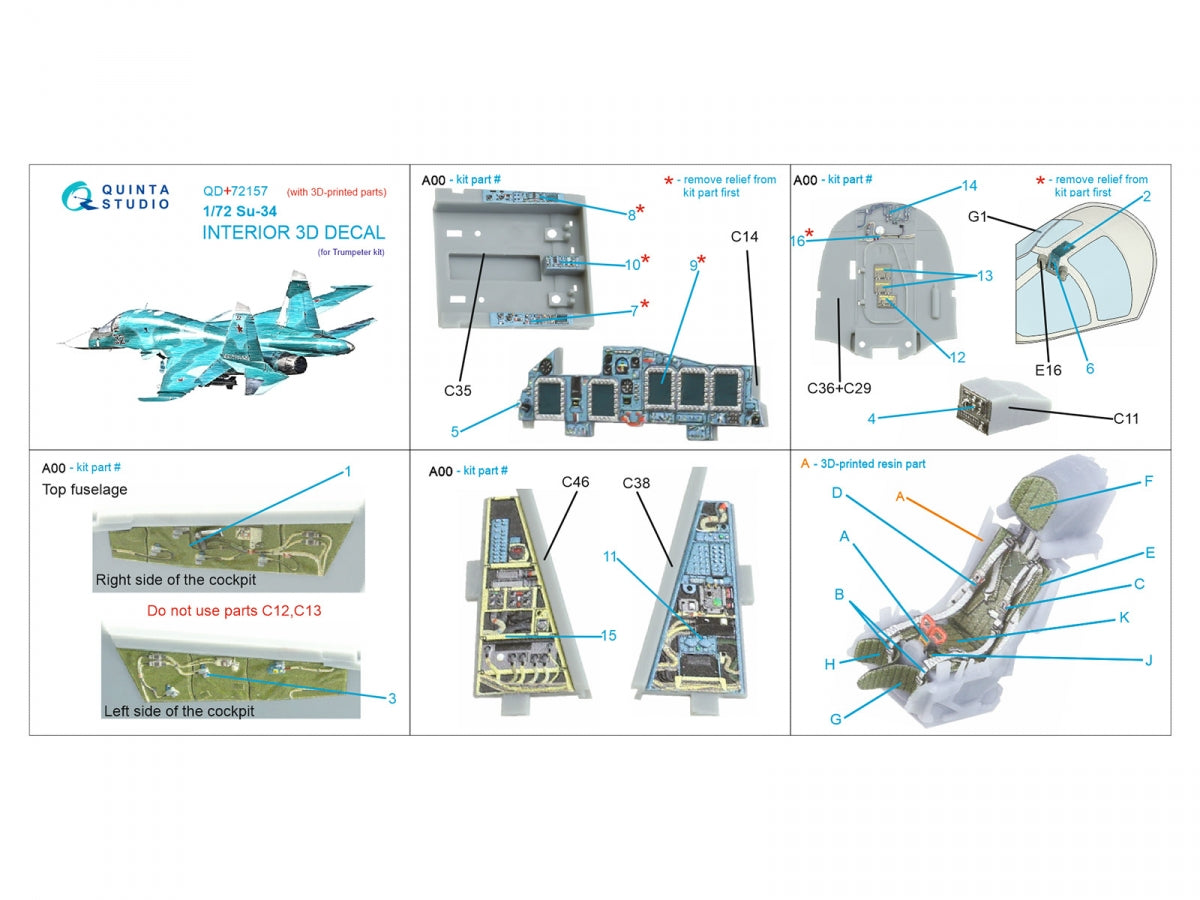 Quinta Studio QD+72157 Su-34 3D-Printed coloured Interior on decal paper (Trumpeter) (with 3D-printed resin part) 1/72 – immagine 2