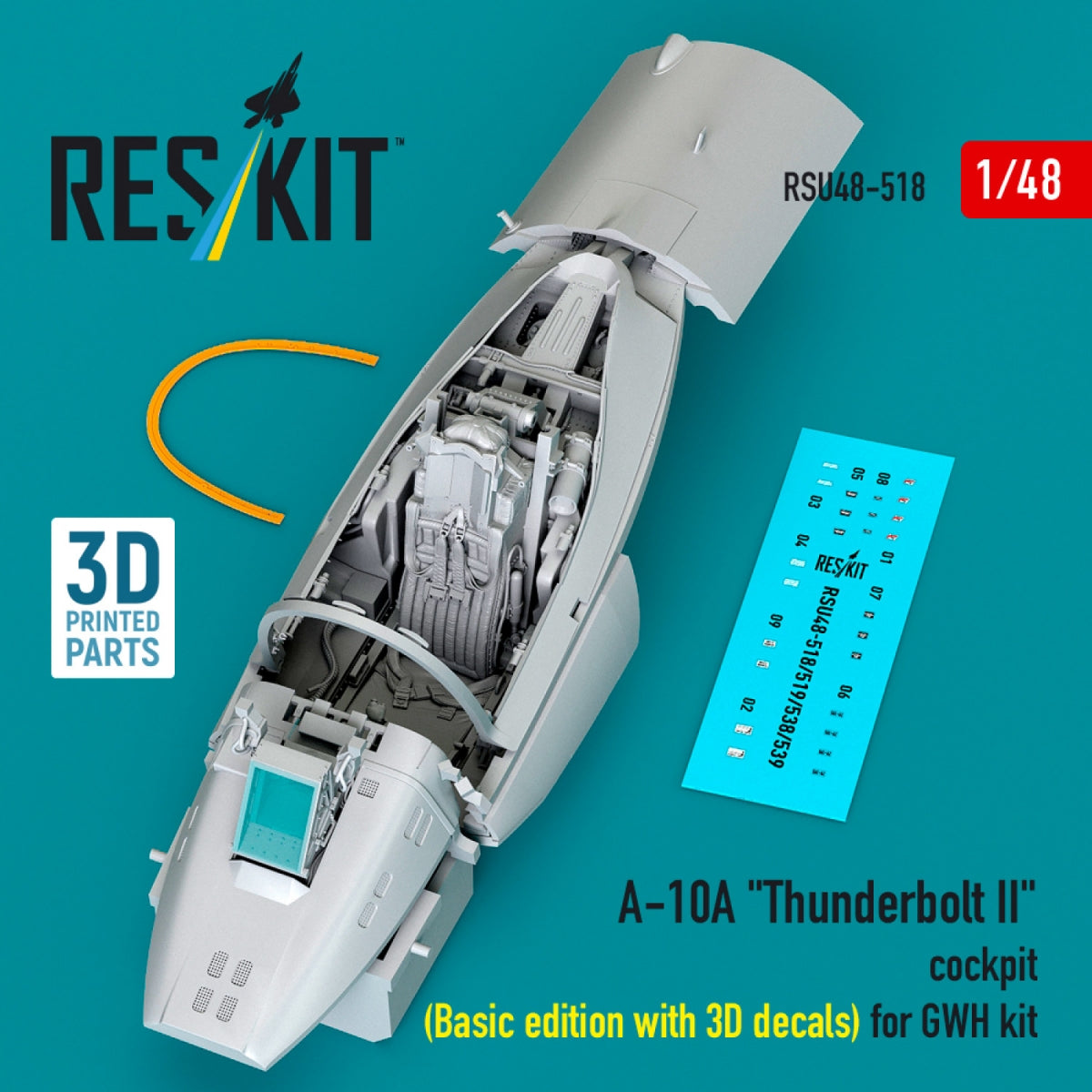 RESKIT RSU48-0518 A-10A "Thunderbolt II" cockpit (Basic edition with 3D decals) for GWH kit (3D Printed) 1/48