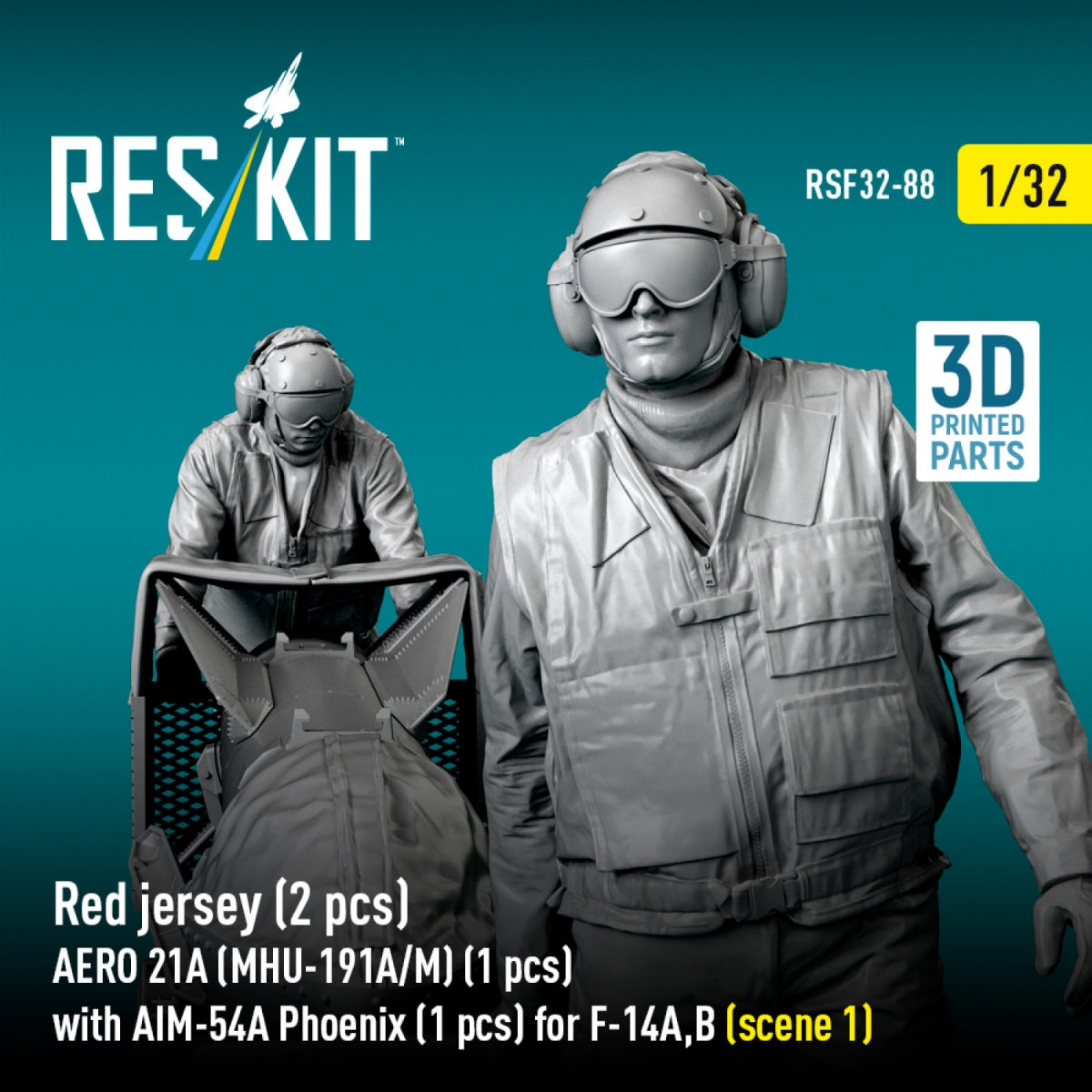 RESKIT RSF32-0088 Red jersey (2 pcs) AERO 21A (MHU-191A/M) (1 pcs) with AIM-54A Phoenix (1 pcs) for F-14A,B (scene 1) (3D Printed) 1/32