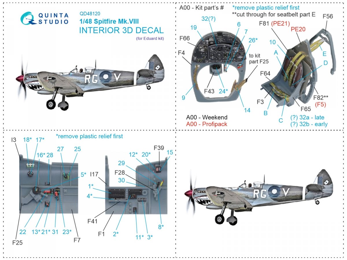 Quinta Studio QD48120 Spitfire Mk.VIII 3D-Printed &amp;amp; colored Interior on decal paper (Eduard) 1/48 – image 12